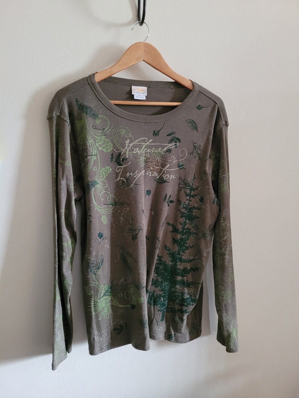 Artisans Earthy Graphic Long Sleeved Cotton Top, Women's XL, Dusty Forest Green